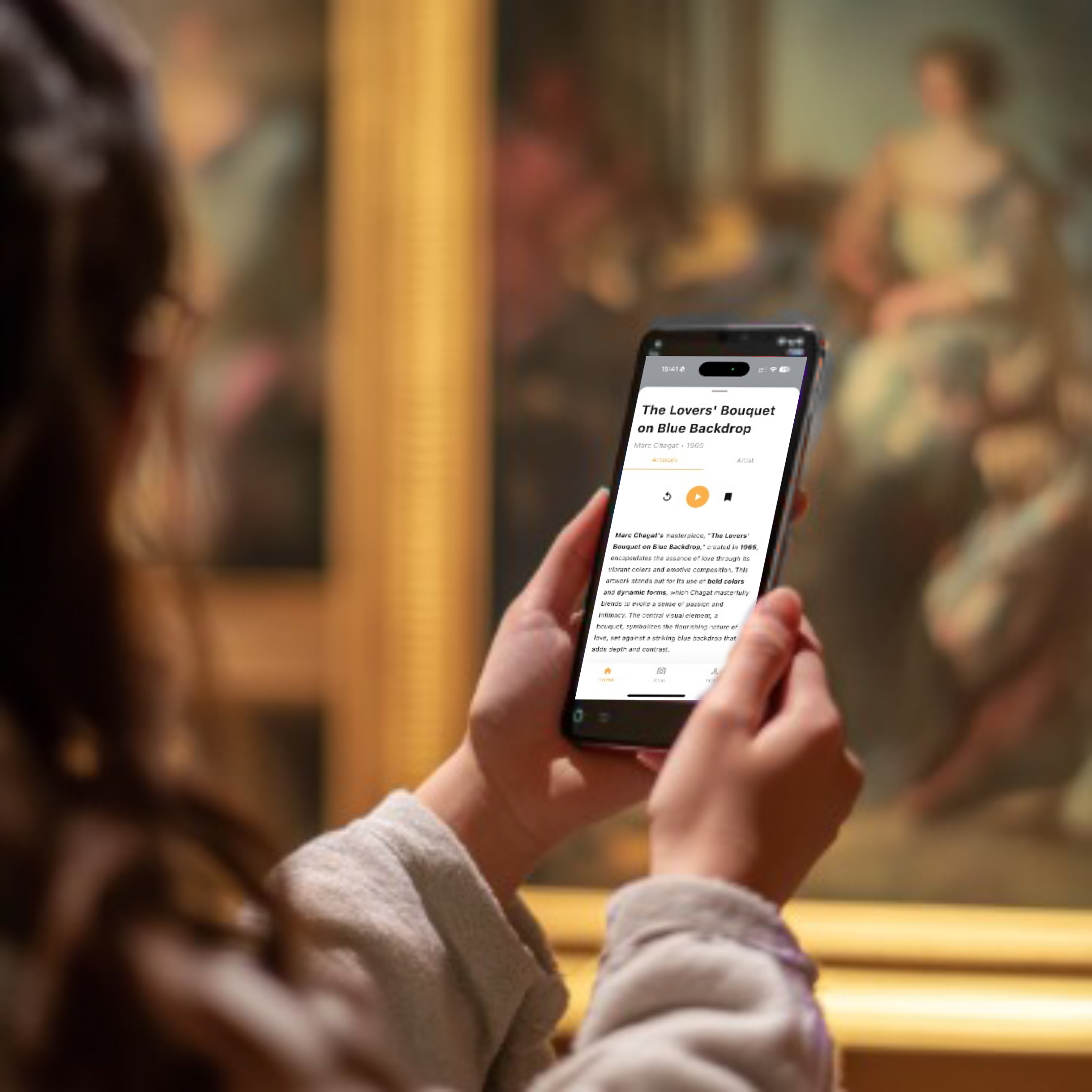 Person using ArtSnap to scan and enhance artwork in a museum, creating a magical digital experience
